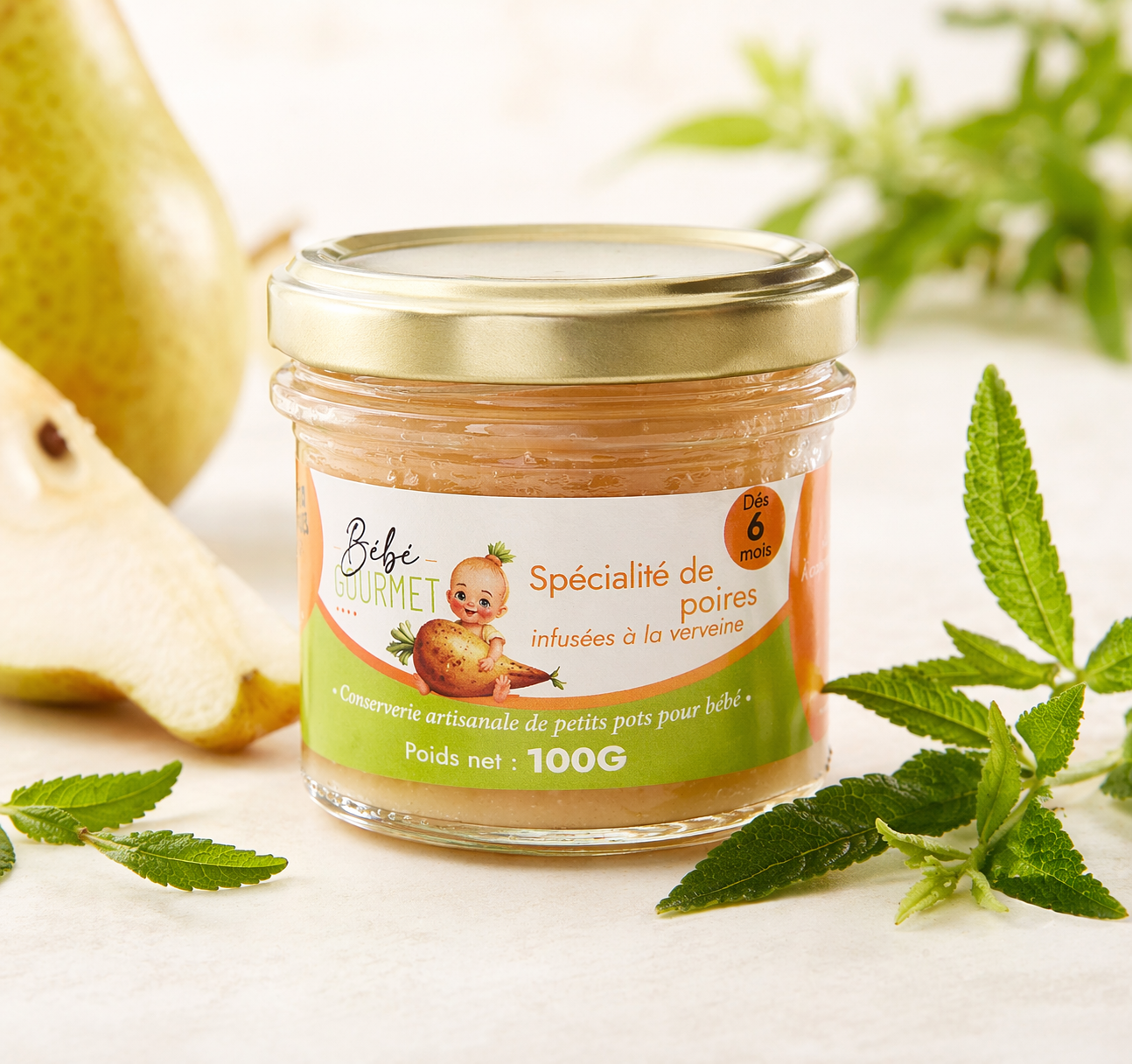 Petit pot bébé - Compote de poire bio infusée à la verveine - à partir de 6 mois