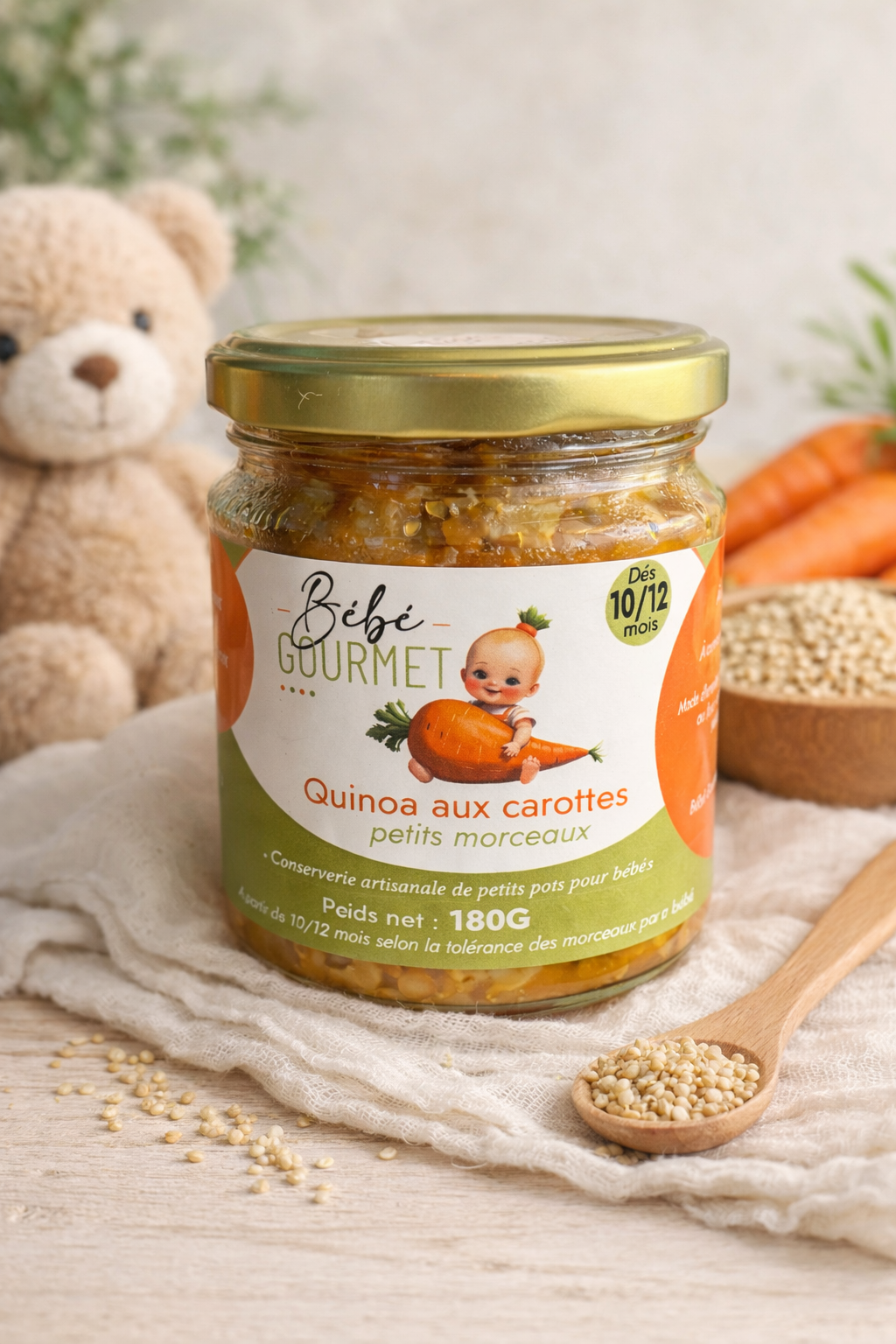 Petit pot bébé - Quinoa aux carottes bio - petits morceaux - à partir de 10/12 mois